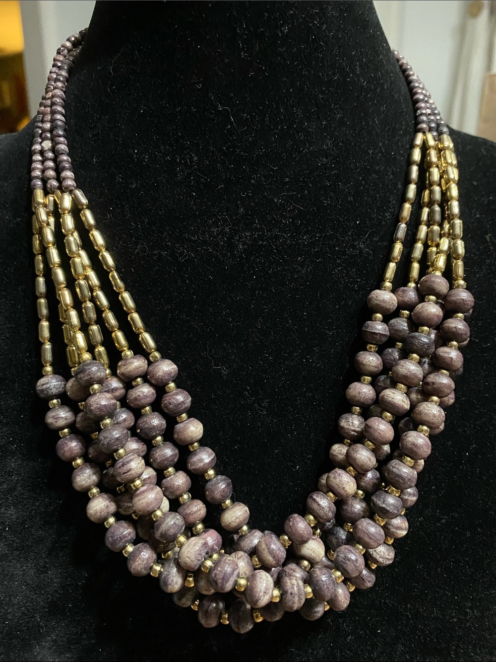 Multi-Strand Purple Beaded Necklace with Gold Accents